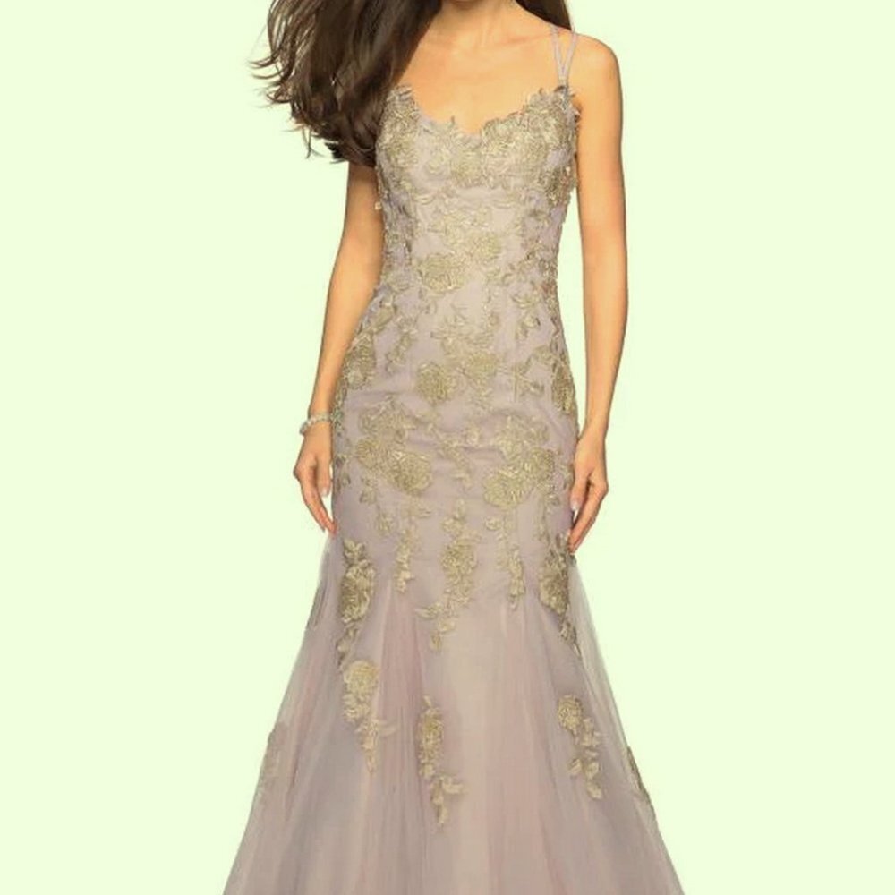 La Femme Dusty Mauve Gold Tulle Gown Lace Applique Criss-Cross Back Prom